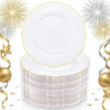 Verpakking van 60 witte en gouden plastic dinerborden van 26 cm (10,25 inch).