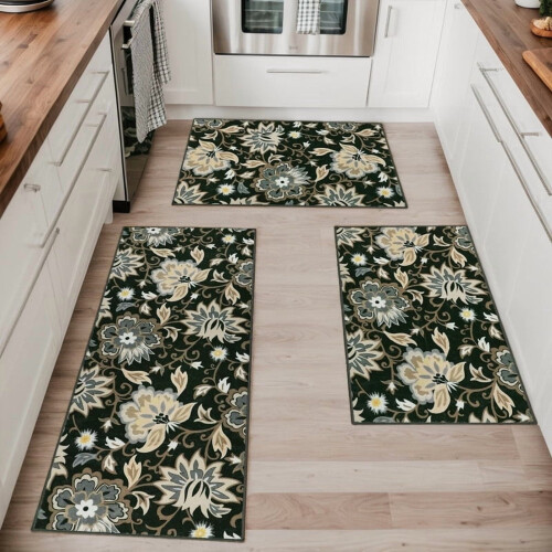 Σετ χαλιών κουζίνας με boho floral σχέδια 3 τεμαχίων – Αντιολισθητικό και πλενόμενο