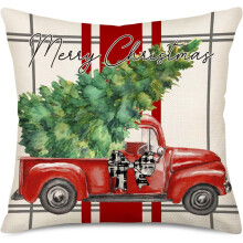 Capa de almofada natalina com caminhão vermelho, 45x45cm, em algodão e linho.