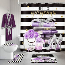 Ensemble rideau de douche noir et violet avec tapis (4 pièces)
