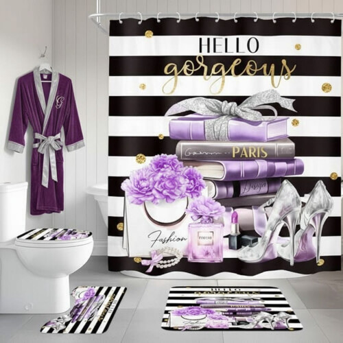 Ensemble rideau de douche noir et violet avec tapis (4 pièces)