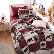 Rustic Duvet Cover Set Burgundy Black Bear Deer 3-Piece Twin