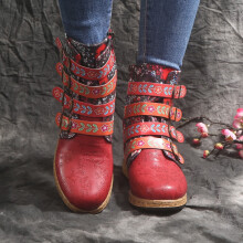 UTTOASFAY Clearance Shoes Women Boots,Vintage Red Boots Large Printed European and American Style Leather Boots Rollbacks