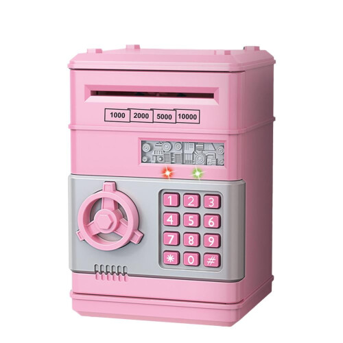 Cofrinho infantil estilo caixa eletrônico com senha, som e luzes.