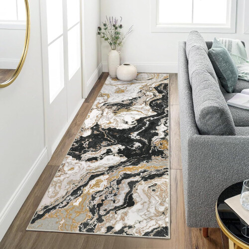 Marble Runner Rug Non-Slip Washable 2 ft x 6 ft Black