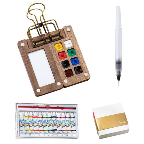 Coffret d'aquarelles solides portables finition noyer