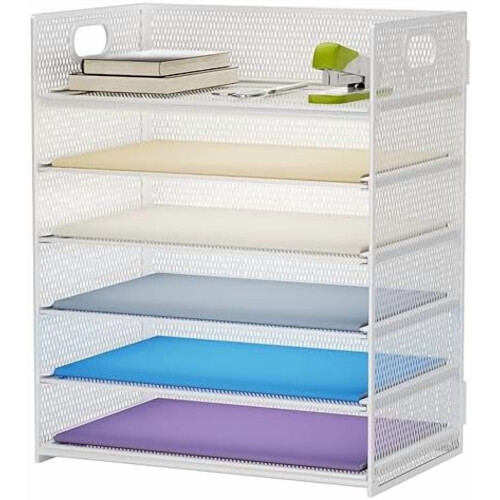 Organiseur de documents à 6 niveaux en maille, porte-documents de bureau blanc