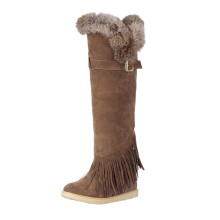 Botas de nieve para mujer, botas largas sin cordones, forradas de terciopelo, cálidas, de color liso, con borlas, planas, hasta la rodilla, 35 (EE.