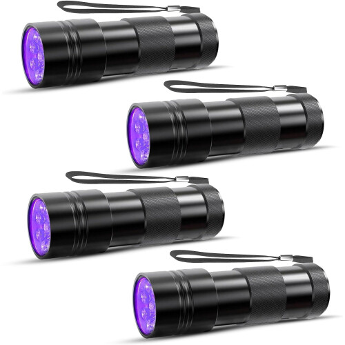 Συσκευασία 4 φακών UV 395nm, 12 LED Blacklight για ούρα κατοικίδιων, σκορπιούς, κοριούς –