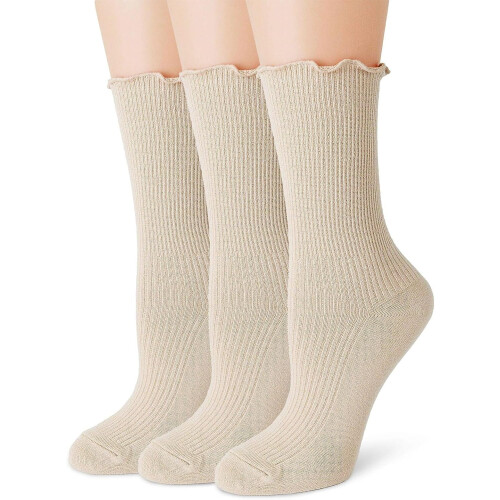 Damen-Rüschen-Knöchelsocken, einfarbig, mit Umschlagbündchen, 3 Paar