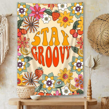 Boho-Wandteppich mit Blumenmuster und Zitat, 91 x 122 cm