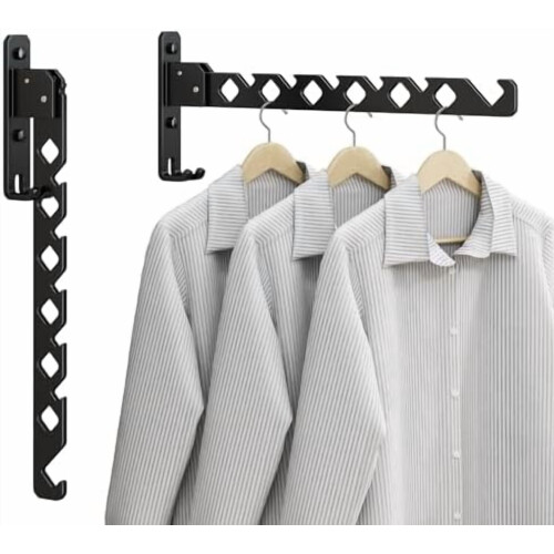 Perchero plegable de pared, negro mate, paquete de 2