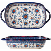 Blue and Oran Flower Vinta Style Ceramic Bakeware Casserole Dish Baking Pan Lasagna Pans with Handles for Oven/Cooking/Kitchen-1 PCS-22 OZ