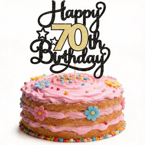 Decorazione per torta per il 70 compleanno, nera, oro e glitter, 1 pezzo.