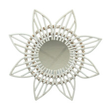 White Flower Rattan Wall Mirror, Rustic Vintage, High-Polished Glass