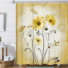 Cortina de chuveiro amarela boho 178x178cm com estampa de margaridas e borboletas