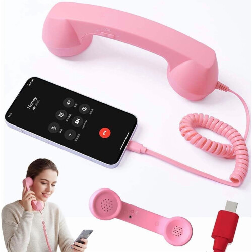 Retro Phone Handset Type-C Wired Landline Receiver Pink 1