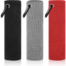 Set van 3 wafelgolfhanddoeken van 40 x 40 cm met karabijnhaak, microvezel, drievoudig opvouwbaar, draagbaar – Grijs/Rood/Zwart