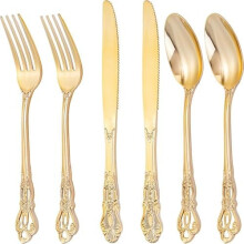 300-teiliges goldenes Kunststoff-Besteckset – Robustes Einwegbesteck (Gabeln, Löffel, Messer) – Vintage-Besteck für Hochzeiten und Partys