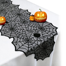 Bieżnik na stół z motywem pajęczej sieci, 18 x 72 cale, czarna koronkowa dekoracja na Halloween – wielokrotnego użytku i do prania w pralce,