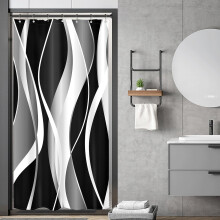 Perdea de duș cu dungi albe și negre, 91x183 cm, compatibilă cu rulote/autorulote, design geometric modern, poliester impermeabil, 7 cârlige
