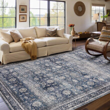 Vintage Floral Area Rug 4x6 Foldable Soft Accent Carpet Low Pile Non-Slip for Living Room Blue Traditional Design