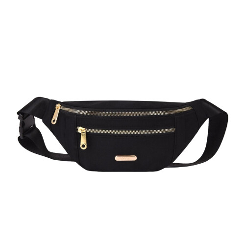 Pochete feminina com alça ajustável e 2 bolsos com zíper, preta.