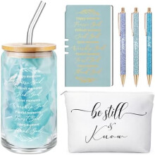Christelijke cadeauset voor vrouwen: dagboek, glazen beker, make-up