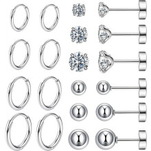 10 Pairs Lightweight 316L Stainless Steel Hoop Earrings for Women Men, Flat Back Ball Stud Earrings Cubic Zirconia Earrings Set, Silver