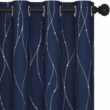 Navy Blue Short Window Curtains, Thermal Insulated & Soundproof, Silver Wave Dots, Grommet Top, Machine Washable – Compatible with Standard Rods