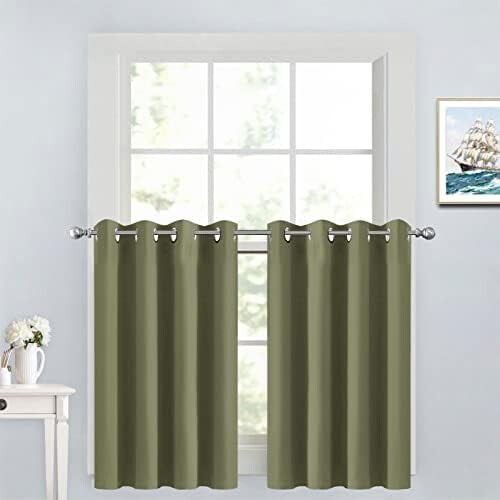 Window Treatment Kitchen Drapes - Plain Solid Grommet Top Short Curtains for Kitchen Window(52Wx36L, Sage, 2 Panels)