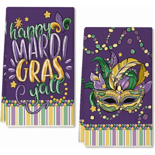 Σετ 2 πετσετών κουζίνας Mardi Gras, μωβ μάσκα Fleur de lis, πετσέτες πιάτων, εορταστικό