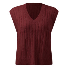 Suéter feminino estampado sem mangas com decote em V, malha canelada e fenda, blusa estilo pulôver para outono/inverno, modelagem solta e casual.