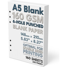 Papel A5 em branco, 160 g/m², 6 furos, 320 folhas