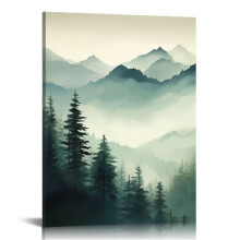 Sage Green Mountain Wall Art Canvas Print, Forest Landscape Watercolor Pine Tree Painting, Abstract Modern Nature Decor for Living Room, 16x20 in