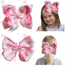 Pink lace layered hair bow for girls 7.5 inches