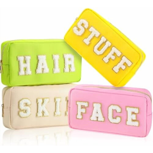 Pochette per il trucco preppy in nylon con cerniera, 4 pezzi