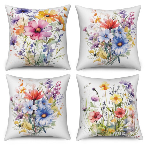 Conjunto de 4 capas de almofada florais em imitação de linho, 40x40cm (16x16 polegadas)