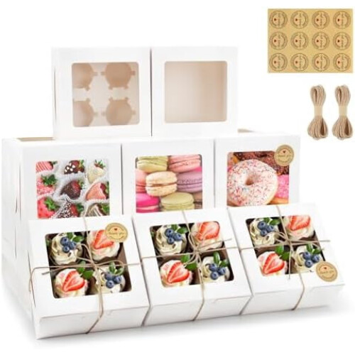 White Cupcake Boxes with Window 6x6x3 inch 50 pcs