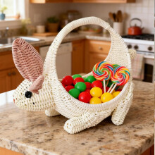 Cesta de almacenamiento de ratán con forma de conejo, blanca, 34x14x25cm