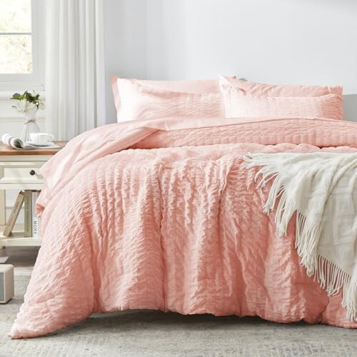 Queen Comforter Set Pink Seersucker 7-Piece