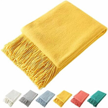 Knitted throw blanket with fringe yellow 50x60 inches