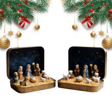 Mini presepe in scatola di latta – Statuine in resina realizzate a mano