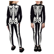 Chlapci a dívky, overal s dlouhým rukávem a kulatým výstřihem, halloweenským kresleným potiskem kostry, punčocháče, overal pro volný