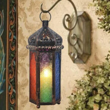 Decorações para o Ramadã: Lanterna Marroquina Vintage de 36,5 cm para Pendurar, Vidro em 6 Cores, Suporte de Metal para Velas – Para Uso Interno