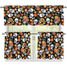 Skull Hippie Flowers 3-Pc Kitchen Curtains Set, Halloween Short Rod Pocket Window Curtains for Bedroom/Bathroom/Dining Room Decor