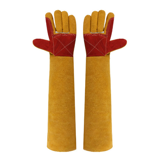 23.6" Leather Animal Handling Gloves - Gray/Yellow, Bite-Proof