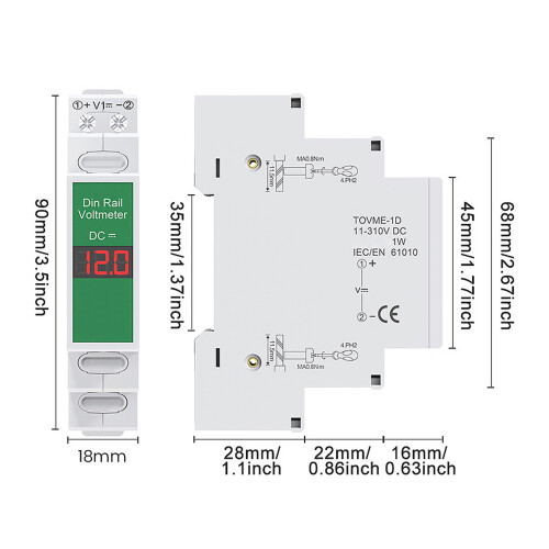 Medidor de voltaje DC LED de 3 dígitos 11V-310V para riel DIN PC 1