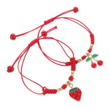 2Pcs Red Cord Bracelet Woven Friendship Bracelet With Strawberry And Cherry Charms Handmade Red Rope Jewelry For Women Girls Ideal For Good Luck