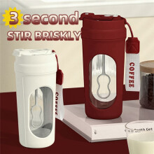 Tasse à Café Auto-Mélangante 450 Ml, Tasse en Verre Auto-Mélangante avec Poignée en Bois pour Café, Lait, Protéines en Poudre, Blanc